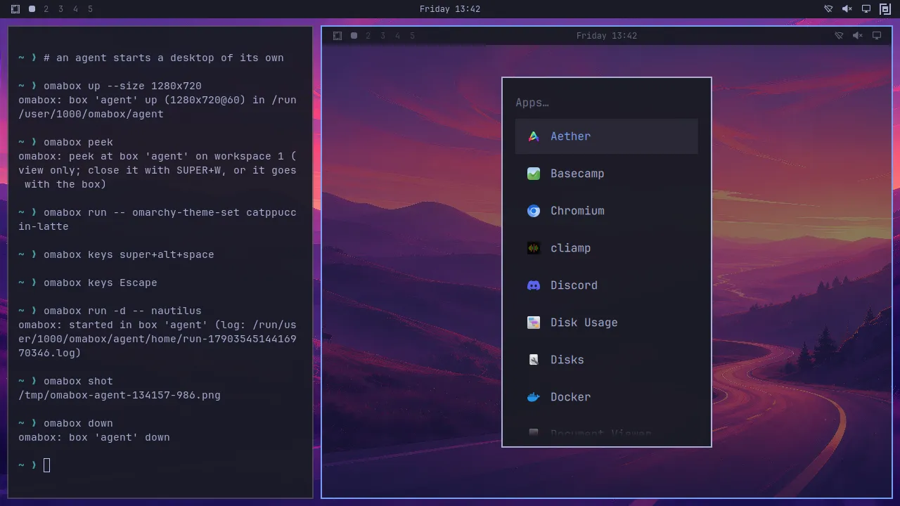 An interactive box: a whole Omarchy desktop as a window with the app menu open, next to the terminal that drives it